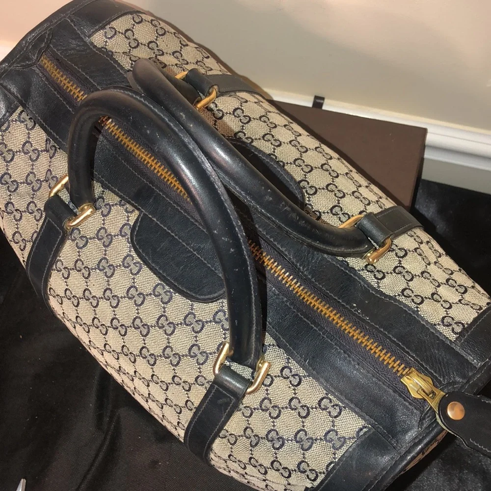 GUCCI Navy GG Monogram Rolled Top Handle Coated Canvas Boston Travel Bag 30cm